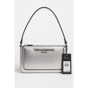NWT Karl Lagerfeld Paris Silver Leather Shoulder Bag With Zipper Closure